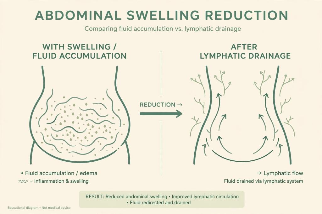Abdominal Swelling Reduction — educational diagram showing how lymphatic drainage reduces post-surgical swelling